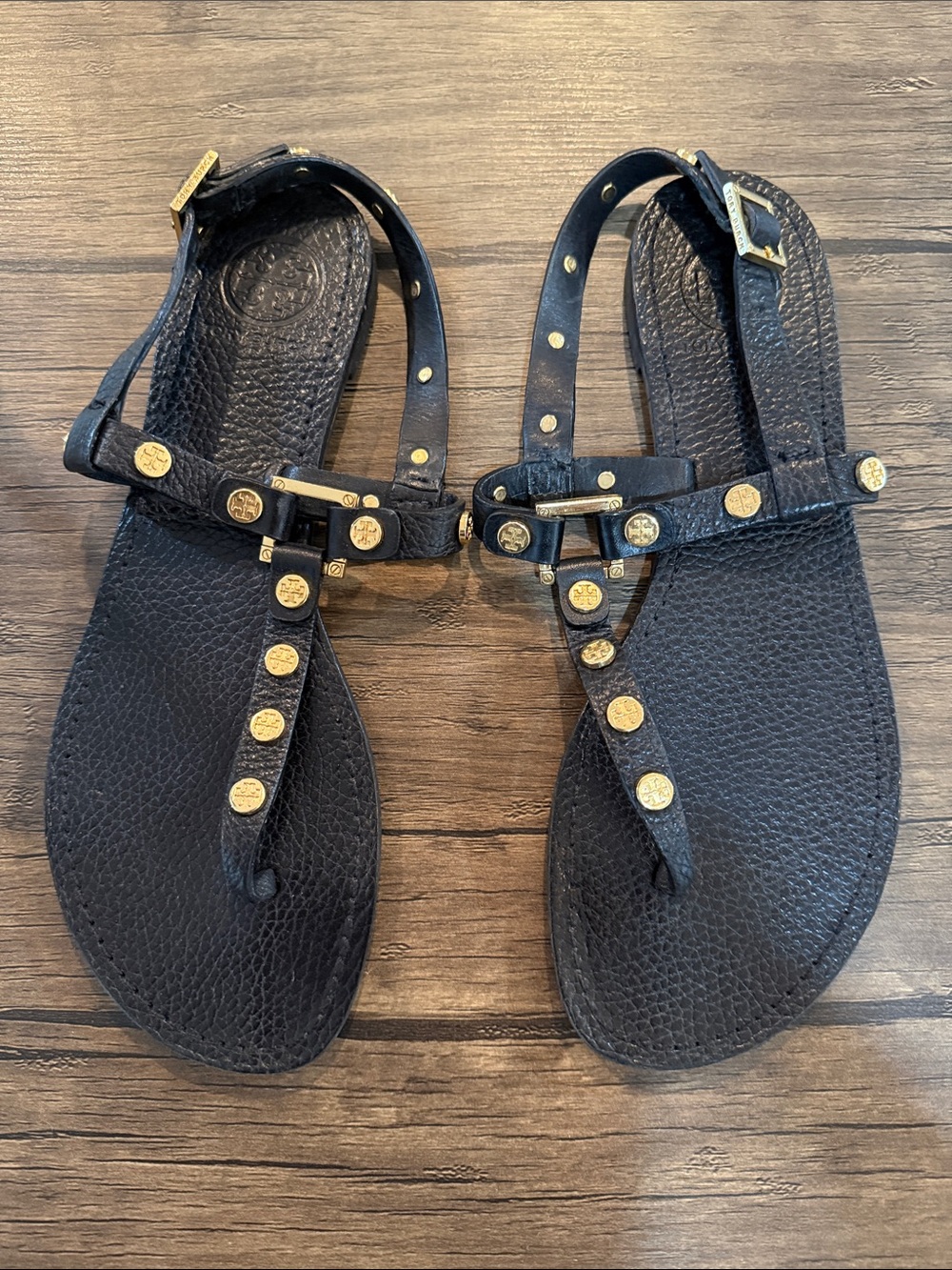 Tory Burch Black T-Strap Sandals with Gold Stud Accents